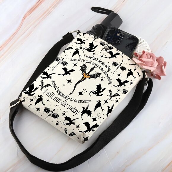 Fantasy Themed Crossbody Handbag - I Will Not Die Today, Dragon Print - Picture 4 of 7